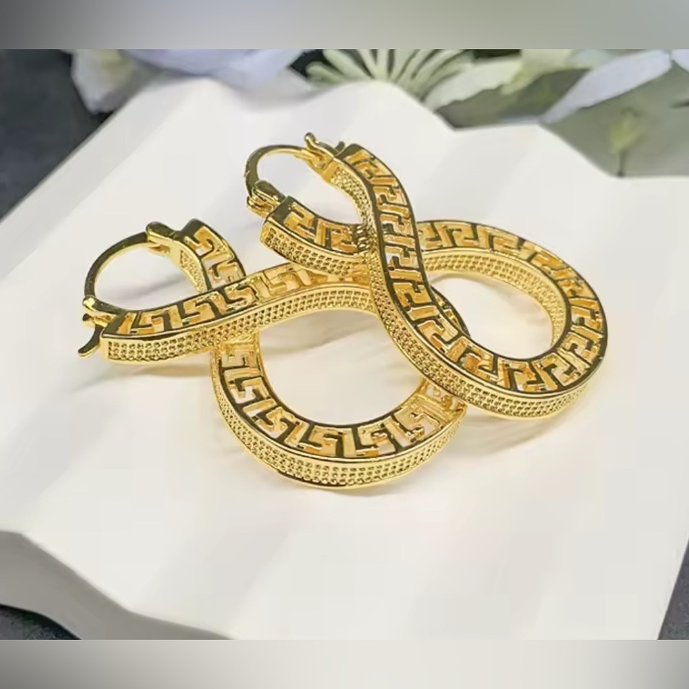 18K Gold Infinity Shape Hoop Style Earrings With Greek Style Design - Picture 4 of 7
